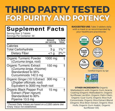 Organic Turmeric and Ginger Tablets, 90 Count - High Potency Ginger and Turmeric Supplement with Black Pepper Extract for Better Absorption - for Joint Support and Heart Health and Cellular Defense