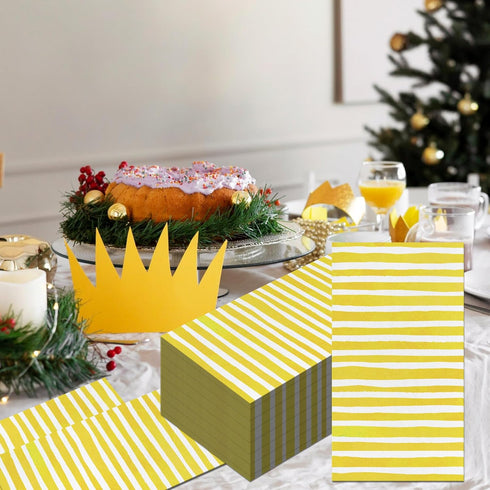 KTHONIOMANTE 200PCS 2 Pack, 4.5x8 Inch Yellow & White Stripe Guest Napkins, Ply Disposable Paper Striped Dinner Hand