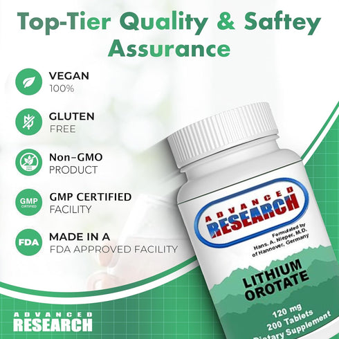 Dr. Hans Nieper Lithium Orotate 5mg, 200 Count, Lab Tested, Vegan Friendly
