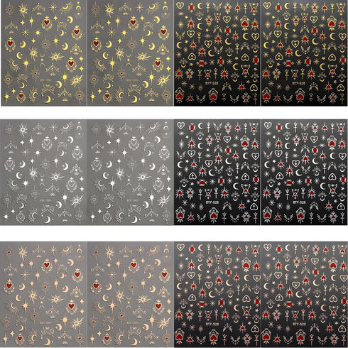 12 Sheets Star Nail Stickers, 3D Self-Adhesive Gold Silver Moon Heart Design for Nail Art Decoration Accessories