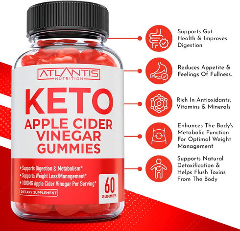 Gummies Gummies 1000MG 60 Count Atlantis Nutrition Keto ACV for Weight Loss - Apple Cider Vinegar Formulated to Support