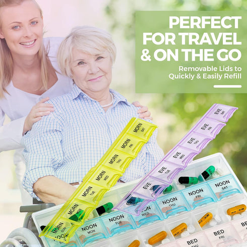 Large Pill Organizer with Weekly and Daily 4-Times-A-Day Compartments, BPA-Free, Portable Pill Boxes Case