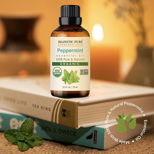 Majestic Pure USDA Organic Peppermint Essential Oil | 100% Pure Peppermint Oil for Hair | Mint Oil for Aromatherapy, Skincare, Hair Care & Household Use | 0.33 fl. Oz