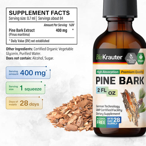 Pine Bark Extracts Tincture - 400 mg Organic French Maritime Pine Bark Extract Drops - 2 Fl Oz - Vegan, Alcohol & Sugar
