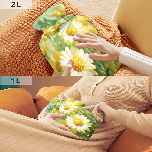 miaozhen 2L Daisy Flower Oil Painting hot Waterbottle with Soft Cover hotwater Bag for Pain Relief Menstrual Cramps