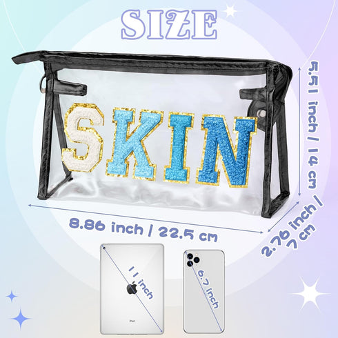 Preppy Patch Cosmetic Bag for Women & Girls, Classy Waterproof Clear PVC, Multi-Function Zippered Pouch, Blue