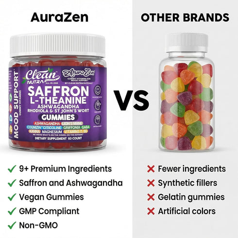 Gummies Gummy AuraZen Mood Support Saffron L-Theanine Ashwagandha Rhodiola St John's Wort Lions Mane GABA Vitamin D