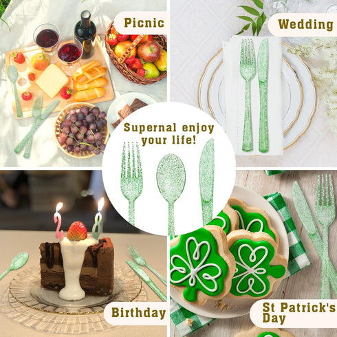 150 Pack Green Plastic Silverware, Green Glitter Utensils - 50 Forks, 50 Knives, 50 Spoons for St Patricks Day,