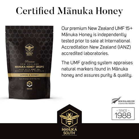 Manuka Honey Drops UMF 15+ / MGO 514+ & Propolis Drops, Natural Ingredients, Soothing Lemon & Honey Flavor - 25 Drops