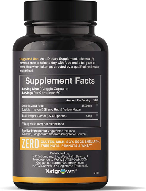 Natgrown Organic Maca Root Powder Capsules, 1500 mg with Black, Red, Yellow Peruvian Maca Extract