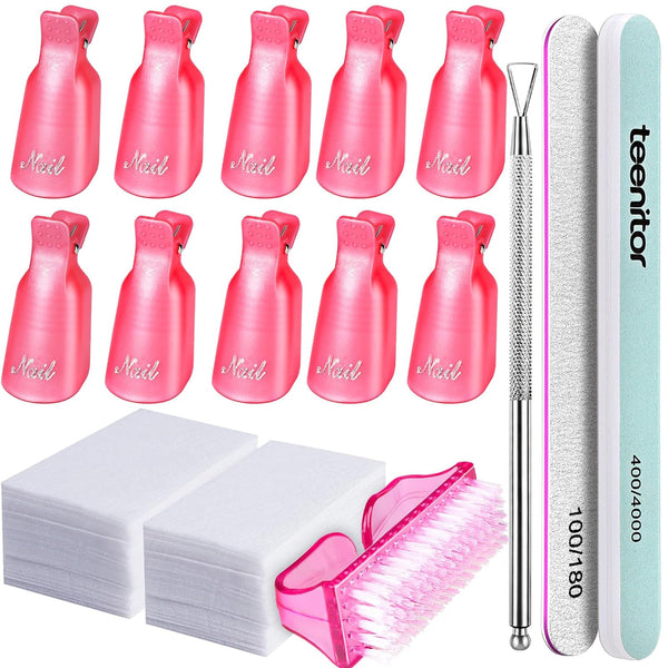 Teenitor Nail Gel Remover Tools Kit - Pink Polish Remover Clips, Cuticle Peeler, Gel Nail Brush, 115 Pack Wipe Pads