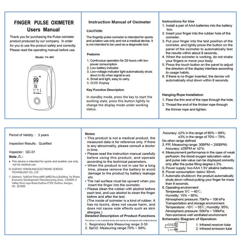 SpO2, 6 4-Way Fingertip Pulse Oximeter with Respiration Rate Monitoring, Heart Rate, PI & RR Measurements, Blood Oxygen