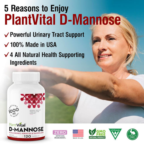 Plantvital D Mannose Capsules 1000mg with Cranberry - High Potency for Bladder, Kidney, Urinary Tract Support, 2 Months