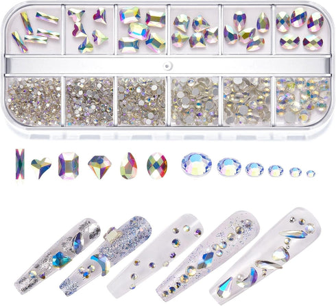 Multi Shapes 3D Glass AB Nail Art Rhinestones, 1085 Pieces Crystal Clear Flatback Rhinestones with Organizer