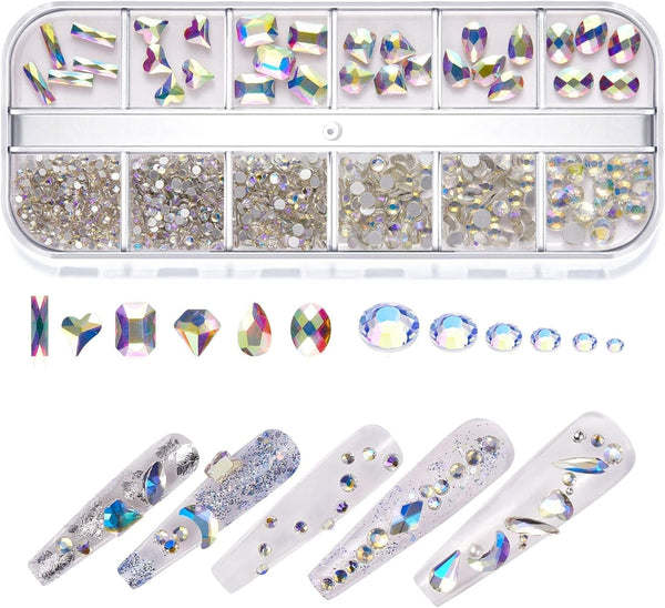 Multi Shapes 3D Glass AB Nail Art Rhinestones, 1085 Pieces Crystal Clear Flatback Rhinestones with Organizer