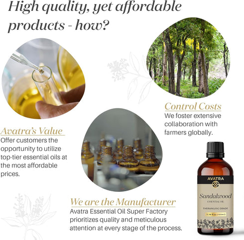 Avatra Sandalwood Essential Oil 3.38 Fl Oz - Natural Oil for Skin, Aromatherapy, Diffuser, Soap, Candle Making