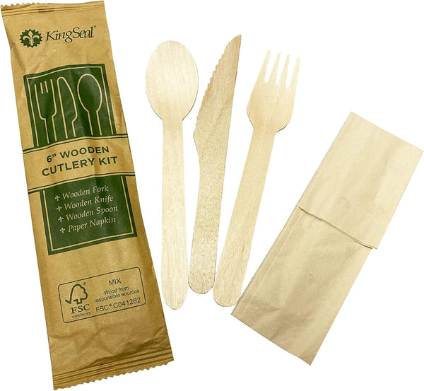 KingSeal Bulk Pack of 25 FSC Certified Disposable Wood Cutlery Kits - Spoon, Fork, Knife with Bleach-Free Napkin