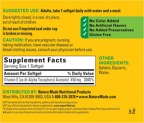 Nature Made Vitamin E 450 mg (1000 IU) Softgels, 60 Count - Antioxidant Support (Pack of 3)