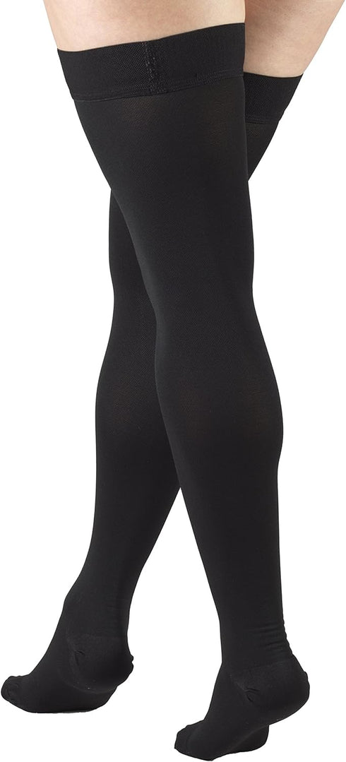 Truform Compression Stockings 30-40 mmHg, Thigh High, Closed Toe, Dot-Top, Black, Large for Men and Women