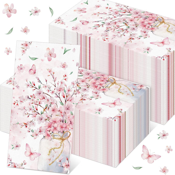 Janlaugh 100 Pcs Cherry Blossoms Paper Bathroom Hand Towels Summer Floral Disposable Guest