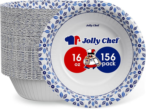 JOLLY CHEF 16 oz Paper Bowls, 156 Count Soak Proof Heavy Duty Disposable Small Bowls for Dinner or Lunch Bulk