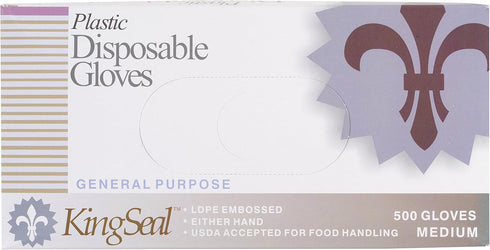 KingSeal Light Duty Poly Disposable Gloves, Powder-Free, Latex-Free, Size Medium - 1 Box of 500