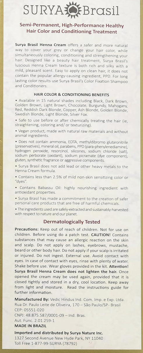 Surya Brasil Henna Cream for Gray Coverage, Black, 2.37 oz / 70 ml