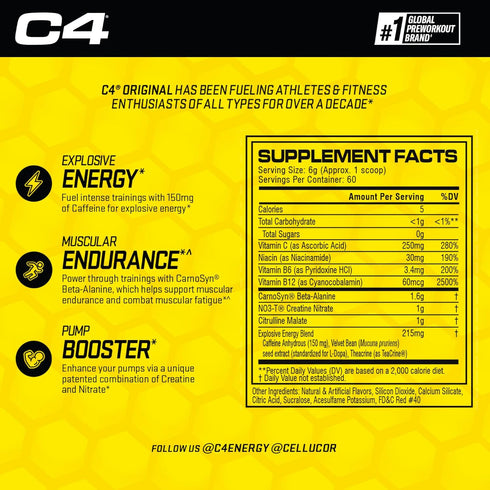 C4 Original Pre Workout Powder Fruit Punch - Sugar Free Energy for Men & Women - 150mg Caffeine + Beta Alanine +