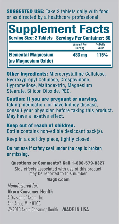 Mag-Ox 400 Magnesium Mineral Dietary Supplement Tablets, 483 mg Magnesium Oxide, 120 Count, Pharmaceutical Grade (Pack