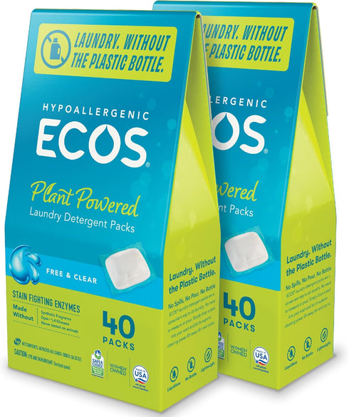 ECOS Laundry Detergent Packs, 80 Loads - Hypoallergenic, 100% Plastic Free Packaging, Free & Clear