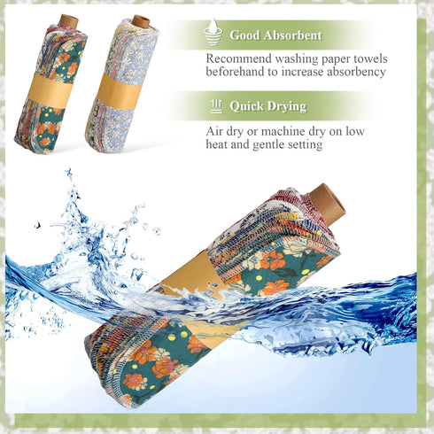 50 Pcs Reusable Paper Towels, Paperless Towels, Cotton Cloths, Washable Paper Towels with Roll for Kitchen (Flower)