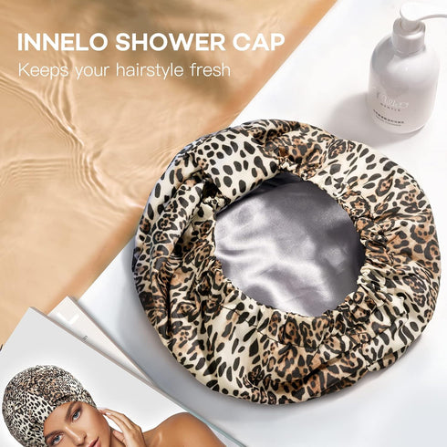 INNELO Luxury Shower Cap for Women, Reusable Waterproof with Adjustable Strap, Large Satin Lined