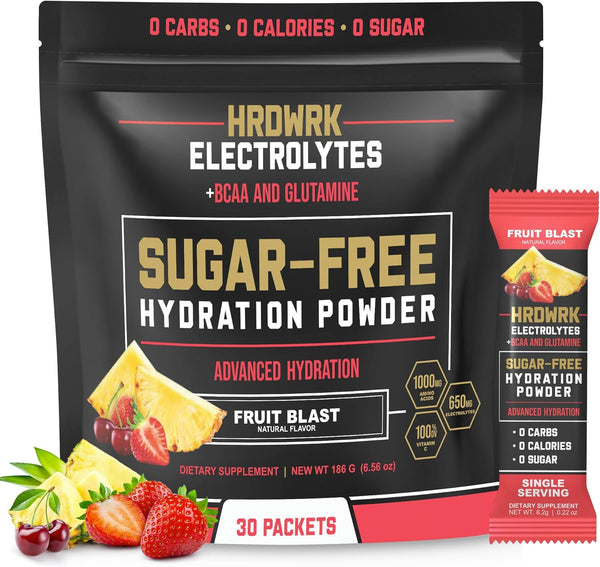 HRDWRK Electrolytes Powder Packets, Sugar Free, 30 Electrolytes Powder Packets with Magnesium & Potassium