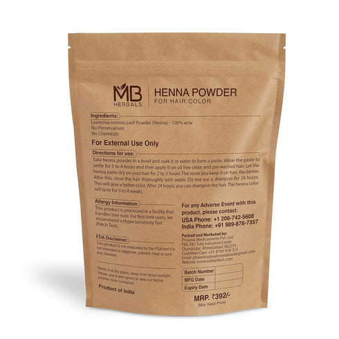 MB Herbals 100% Pure & Natural Henna Powder, 100 Grams / 3.5 oz for Hair Color, Natural Orange-Red Hair Color, Triple