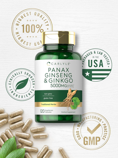 Carlyle Panax Ginseng + Ginkgo Biloba | 120 Vegetarian Capsules | 5,000mg, Non-GMO, Gluten Free