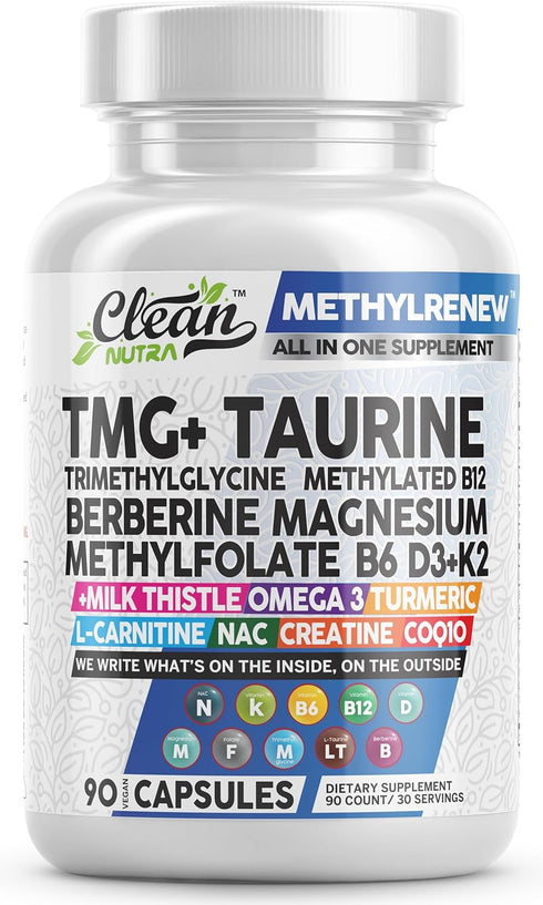 Clean Nutra TMG Taurine Supplement - 90 Ct - Methylated Multivitamin with B6, B12, D3, K2, Berberine, Magnesium, and