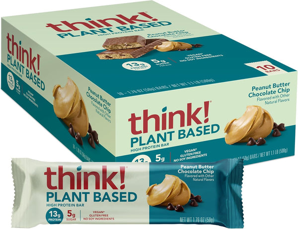 think! Vegan High Protein Bars, Peanut Butter Chocolate Chip, 13g Protein, 10 Count, Non-GMO, No Artificial Sweeteners