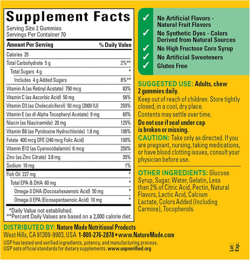 Omega-3, Gummies 140 Gummy 70 Nature Made Multivitamin + Multivitamin for Women and Men, Daily Nutritional Support