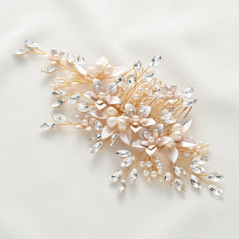 SWEETV Handmade Wedding Hair Comb - Pearl Flower Bridal Hair Clip Accessories for Women’s Wedding