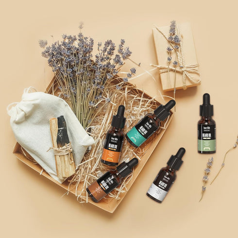 ISNER MILE 5 Pack Beard Oil Set Leave in Conditioner Cedarwood Sandalwood Sage Sweet Orange for Men Mustaches Soften Moisturizing Strength Stocking Stuffers Gifts for Him Man Dad Father Boyfriend