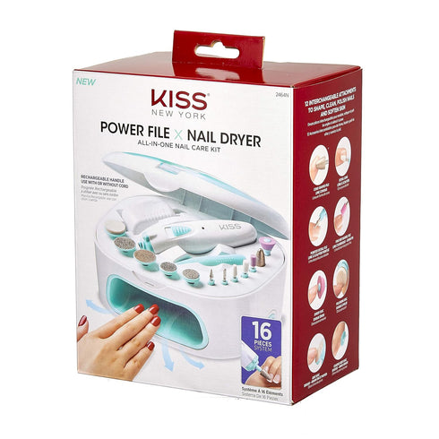 KISS Power File X Nail Dryer All-in-One Nail Care Kit, Cordless Rechargeable Handle, Salon Style Nail Dryer, 12 Interchangeable Styling Attachments, Ergonomic Design, Storage Case, 16 Pcs., 1.14 Lbs.