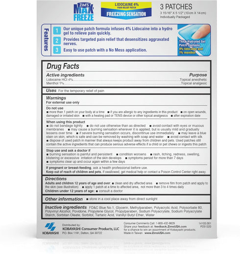 Zim's Max Freeze 4% Lidocaine Pain Relief Patches | 3 Count