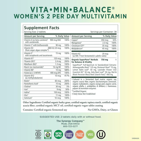 PURE SYNERGY Vita·Min·Balance - Multivitamin for Women with Iron, Organic Whole Foods for Balanced Energy and Stress