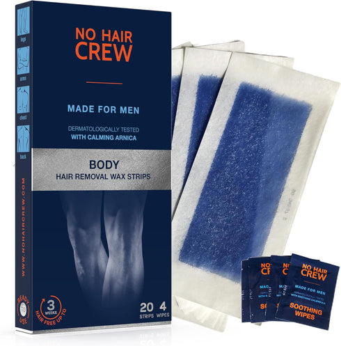 NO HAIR CREW Body Wax Strips, High Performance Wax Strips for Men, 20 Strips & 4 Cleansing Wipes