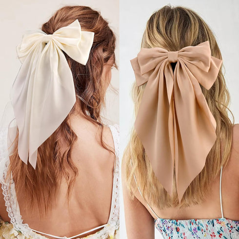 VELSCRUN Hair Bows for Women - 3Pcs Big Hair Clips in White, Black, Brown - Silky Satin Hair Barrettes for Long Hair