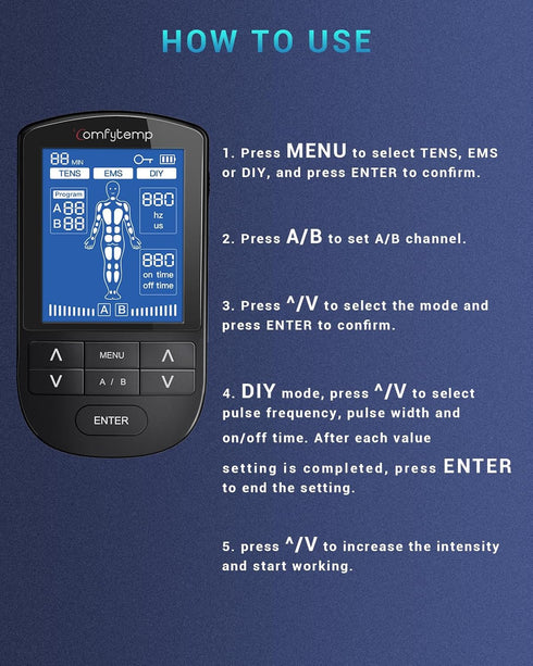 Comfytemp TENS Unit Muscle Stimulator for Pain Relief Therapy, Dual Channel EMS Unit with 24 Modes and 10 Electrode Pads