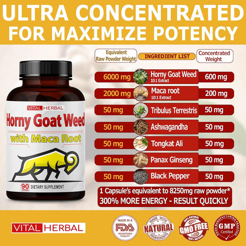 VITAL HERBAL Horny Goat Weed Capsules Equivalent to 8250mg Maximum Strength with Maca Root Tribulus Ashwagandha Tongkat Ali Panax Ginseng for Men Women, Boost Energy (90 Count (Pack of 1))