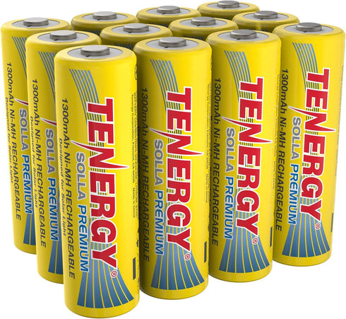 Tenergy Solla Premium Rechargeable NiMH AA Battery, 1300mAh, 12 Pack for Solar Garden Lights, Anti-Leak, UL Certified