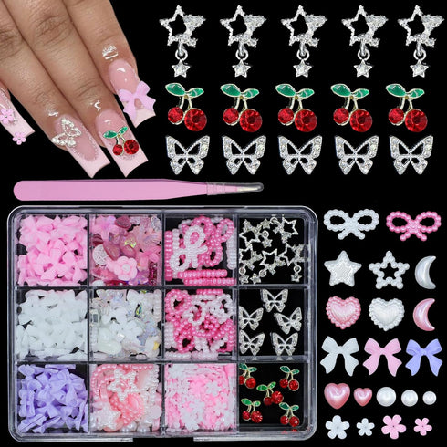 Variety 3D Nail Charms: Rhinestones, Butterfly, Star, Bowknot, Tiny Flower, Heart, Cherry for Manicure DIY Accessories