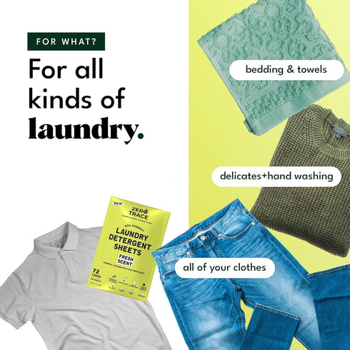 Zero Trace All Natural Laundry Detergent Sheets - Eco-Friendly Travel Detergent Sheets with Fresh Scent (144 Loads, 72